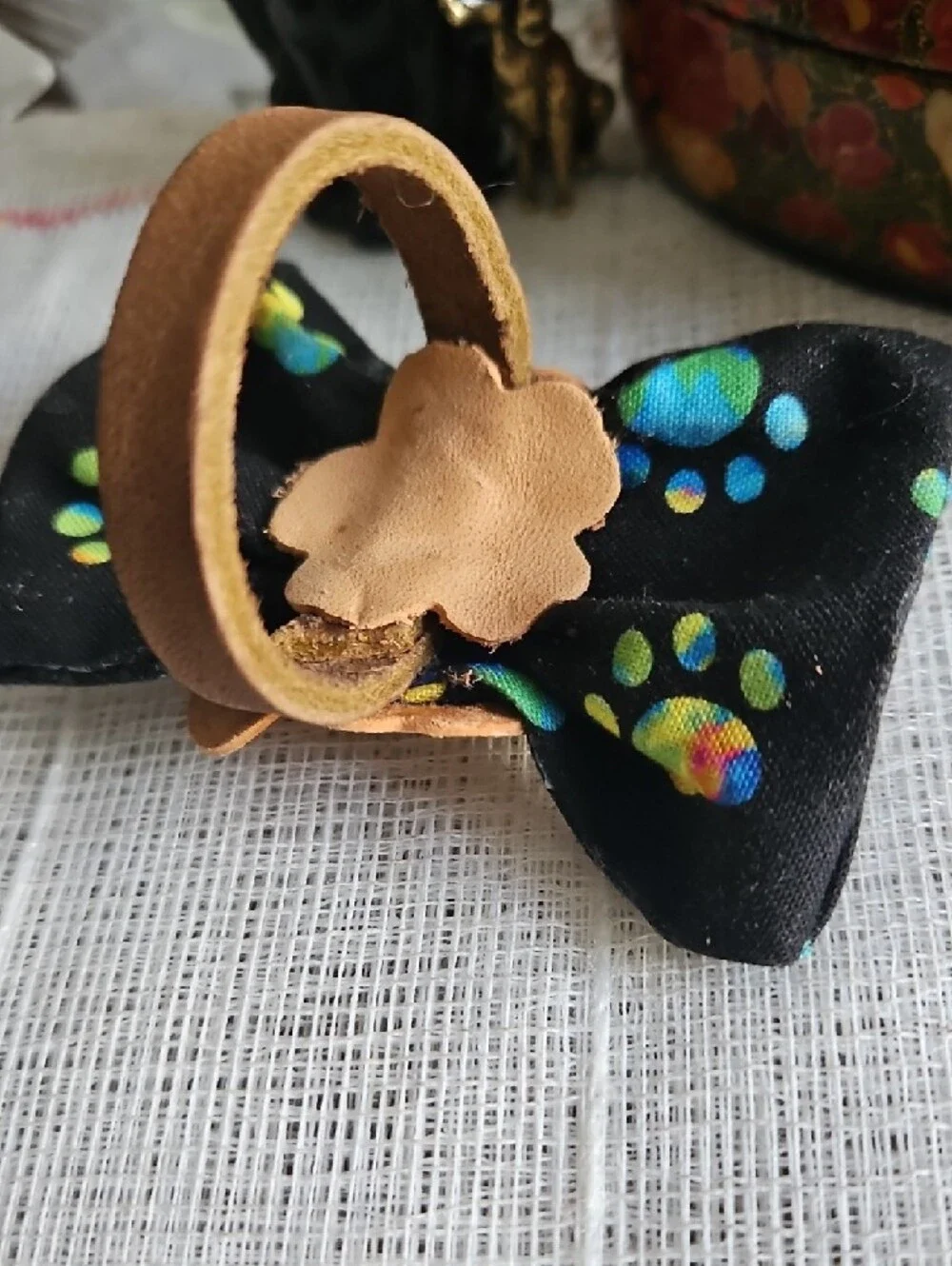 Hand Crafted Black Neon Paw Print Bow Tie with Tan Leather Flower Avcent NEW